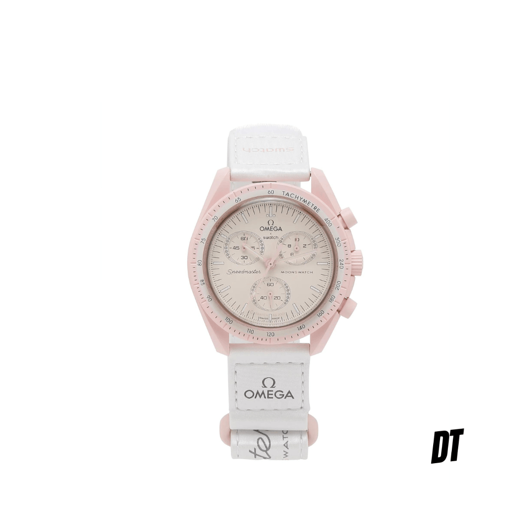 Pink and white Omega x Swatch chronograph wristwatch with tachymeter and logo strap
