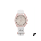 Pink and white Omega x Swatch chronograph wristwatch with tachymeter and logo strap
