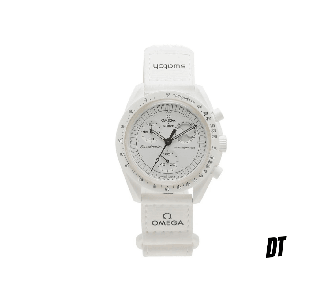 White Omega Swatch Speedmaster MoonSwatch chronograph watch with white strap on white background