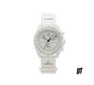 White Omega Swatch Speedmaster MoonSwatch chronograph watch with white strap on white background
