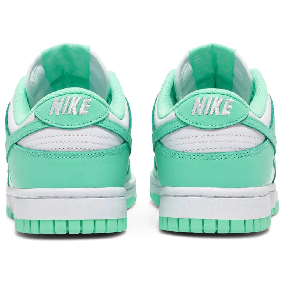 Nike Dunk Low sneakers in mint green and white, rear view, streetwear style footwear