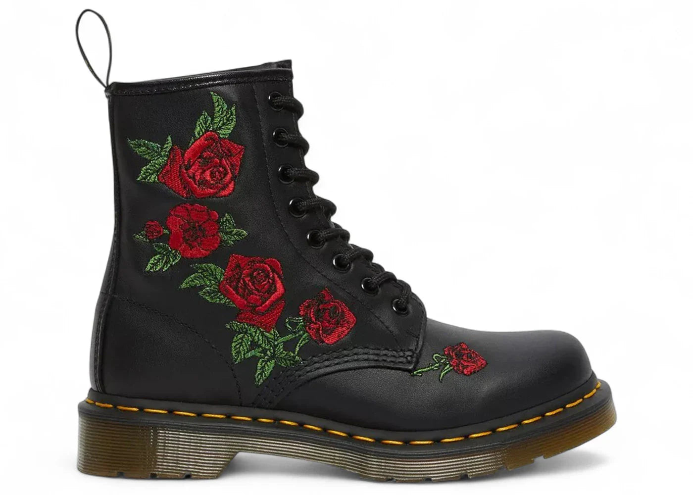 Dr. Martens 1460 Vonda Softy T Leather Lace Up Boot Black Emroidered Roses Womens