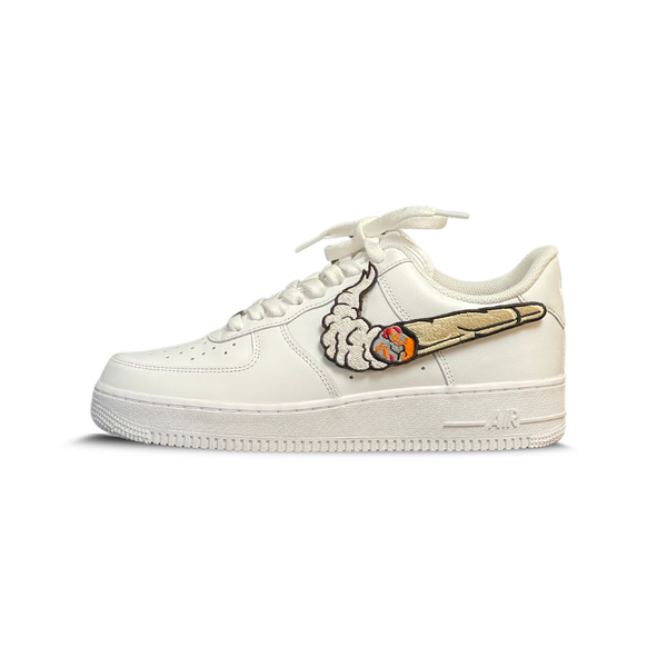 White streetwear sneaker with unique embroidered swoosh featuring a smoking design