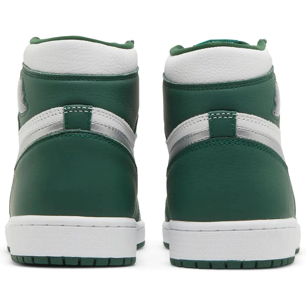 Green and white high-top sneakers with silver detailing, rear view, leather upper