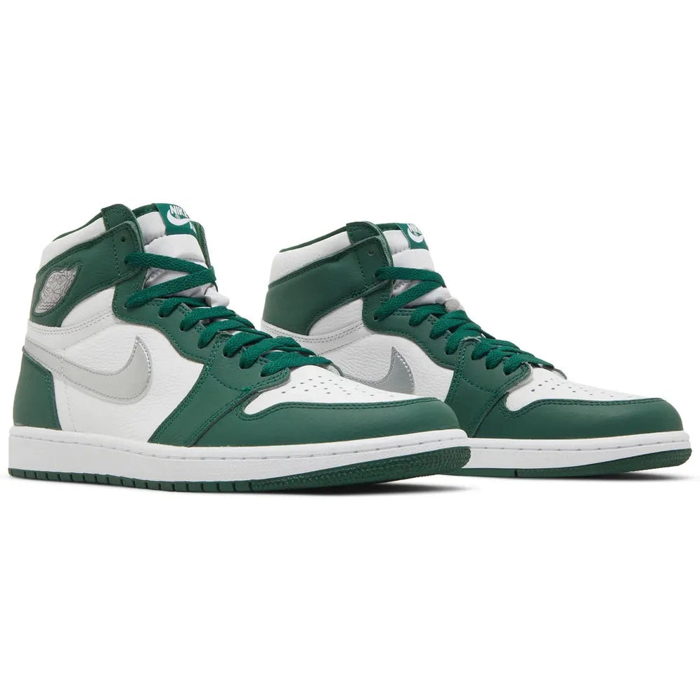 Green and white high-top sneakers with Nike swoosh, streetwear footwear