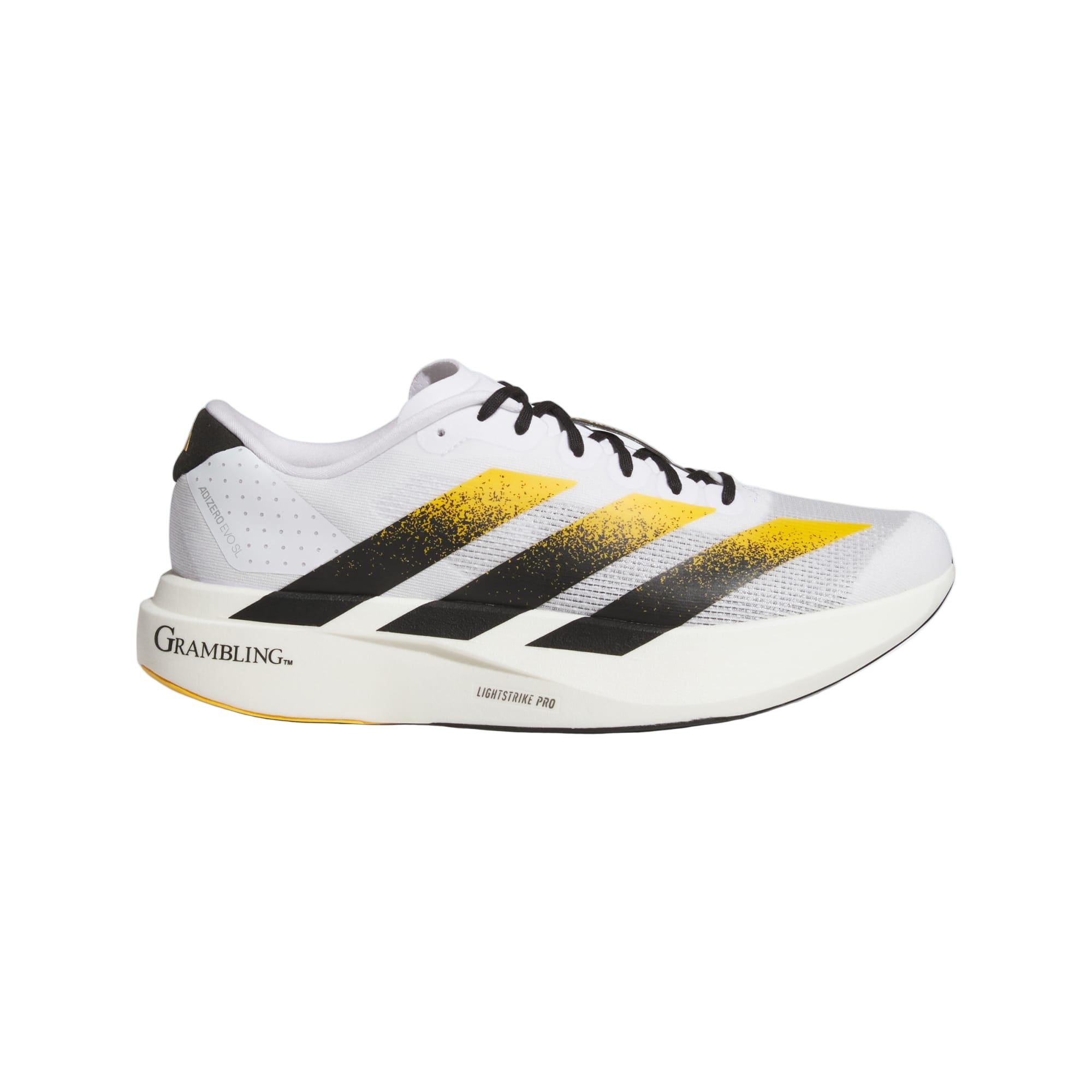 White running shoe with black and yellow accents on a white background