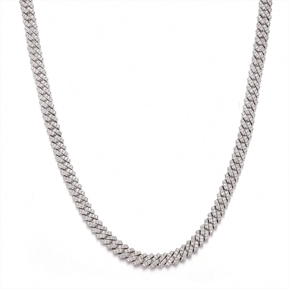 Micro Diamond Prong Cuban Chain in White Gold - 6mm