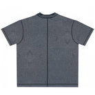 Back view of a plain dark gray short-sleeve t-shirt with prominent black stitch lines