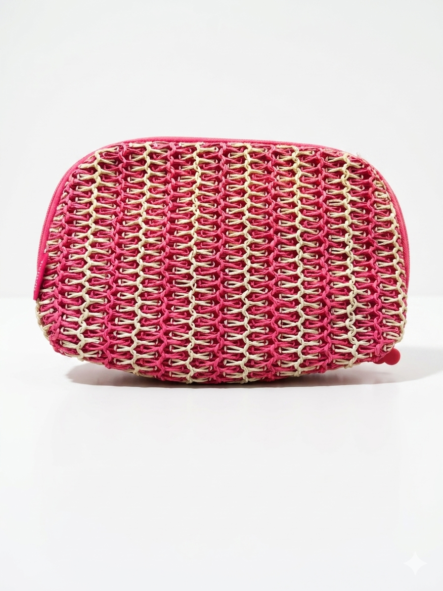 Benefit Pink And White Woven Cosmetic Bag