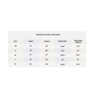 Size chart for Broken Chains Cardigan with chest, length, shoulder, shoulder length measurements for XS to XL