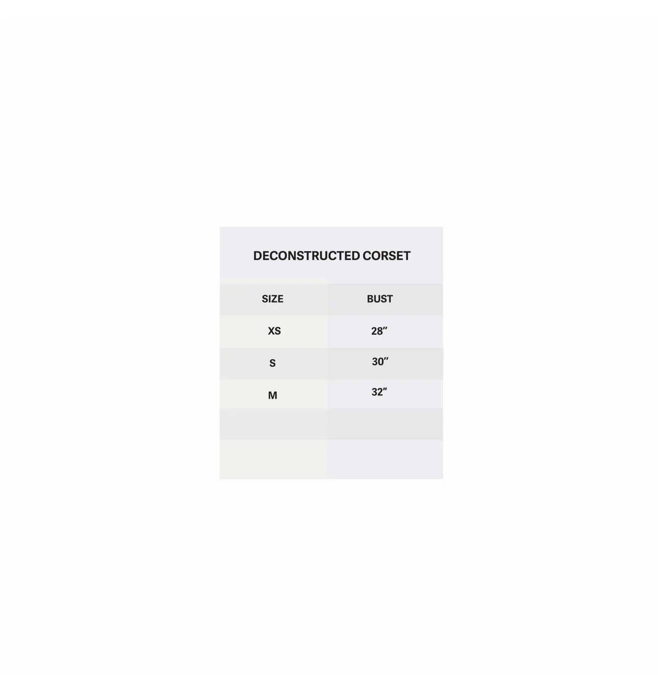 Deconstructed corset size chart showing bust measurements for XS, S, M sizes