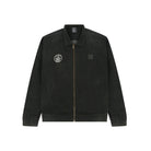 Black zip-up jacket with collar, embroidered circular patch on chest and elastic cuffs