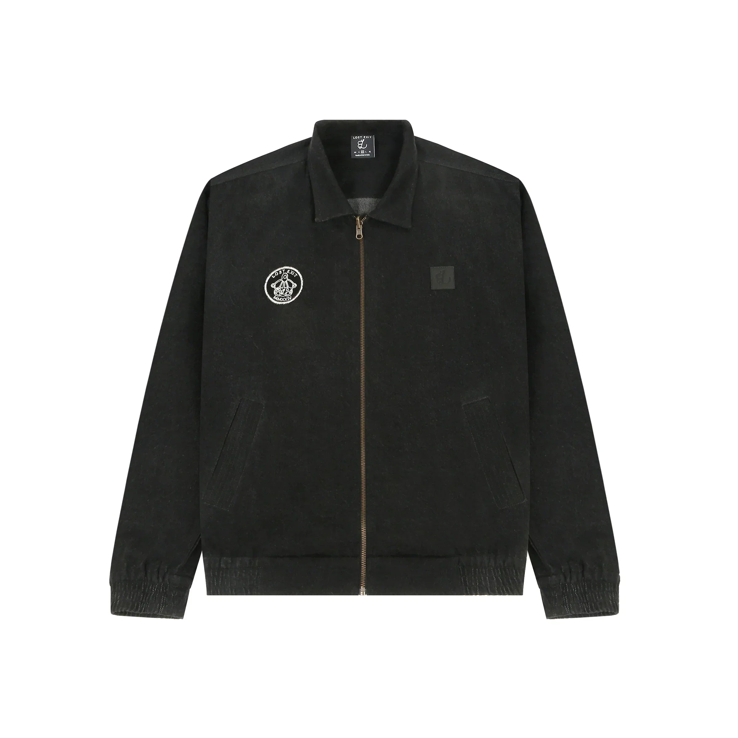 Black zip-up jacket with collar, embroidered circular patch on chest and elastic cuffs