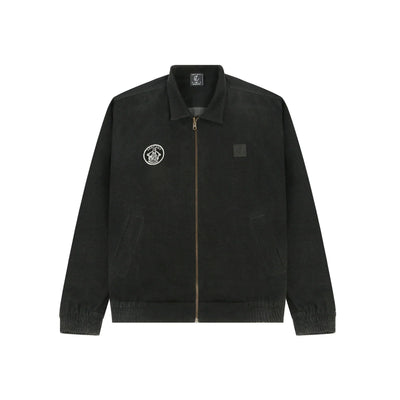 Black zip-up jacket with collar, embroidered circular patch on chest and elastic cuffs