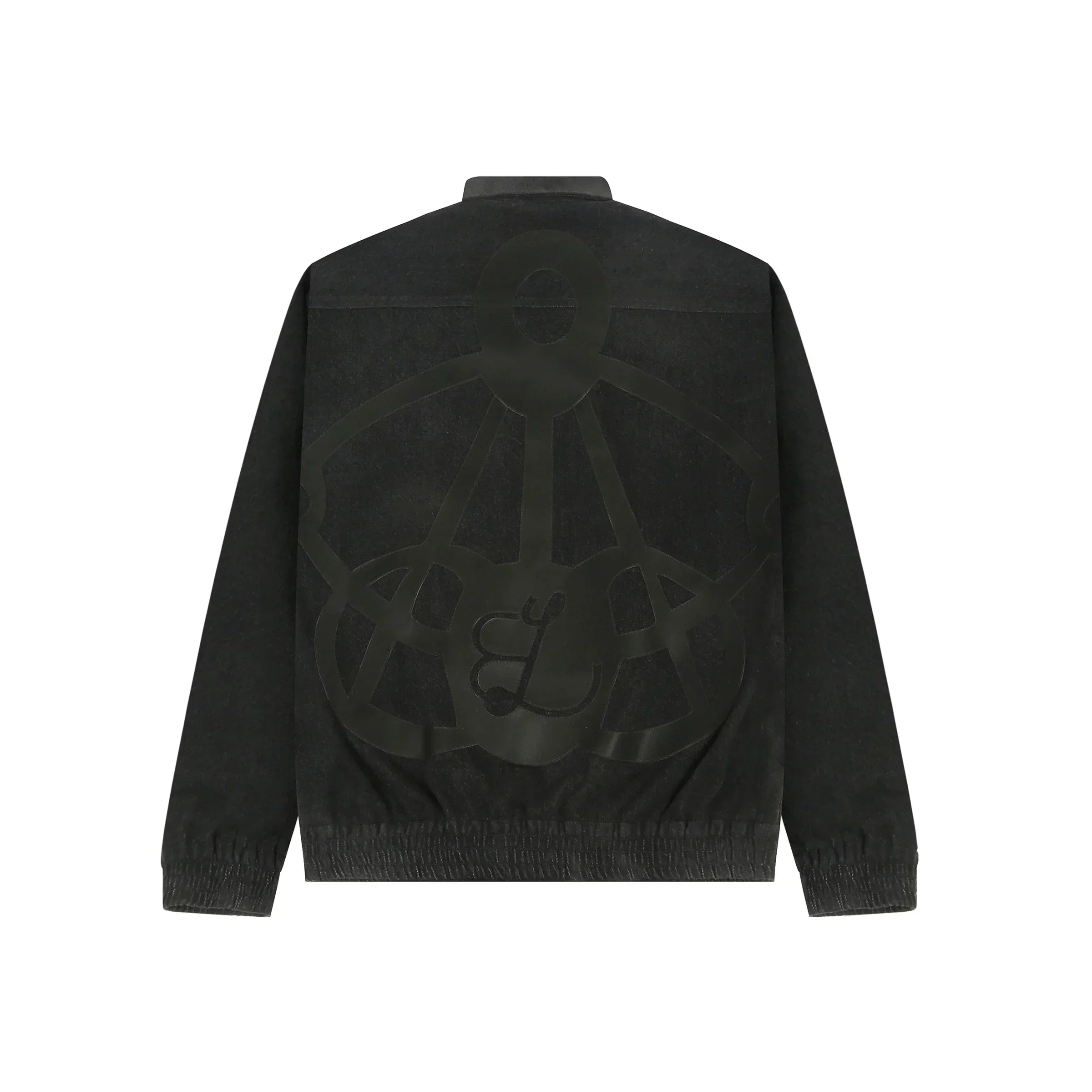 Black jacket with elastic cuffs and large embossed abstract design on back