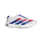 White running shoe with blue and red stripes on a white background