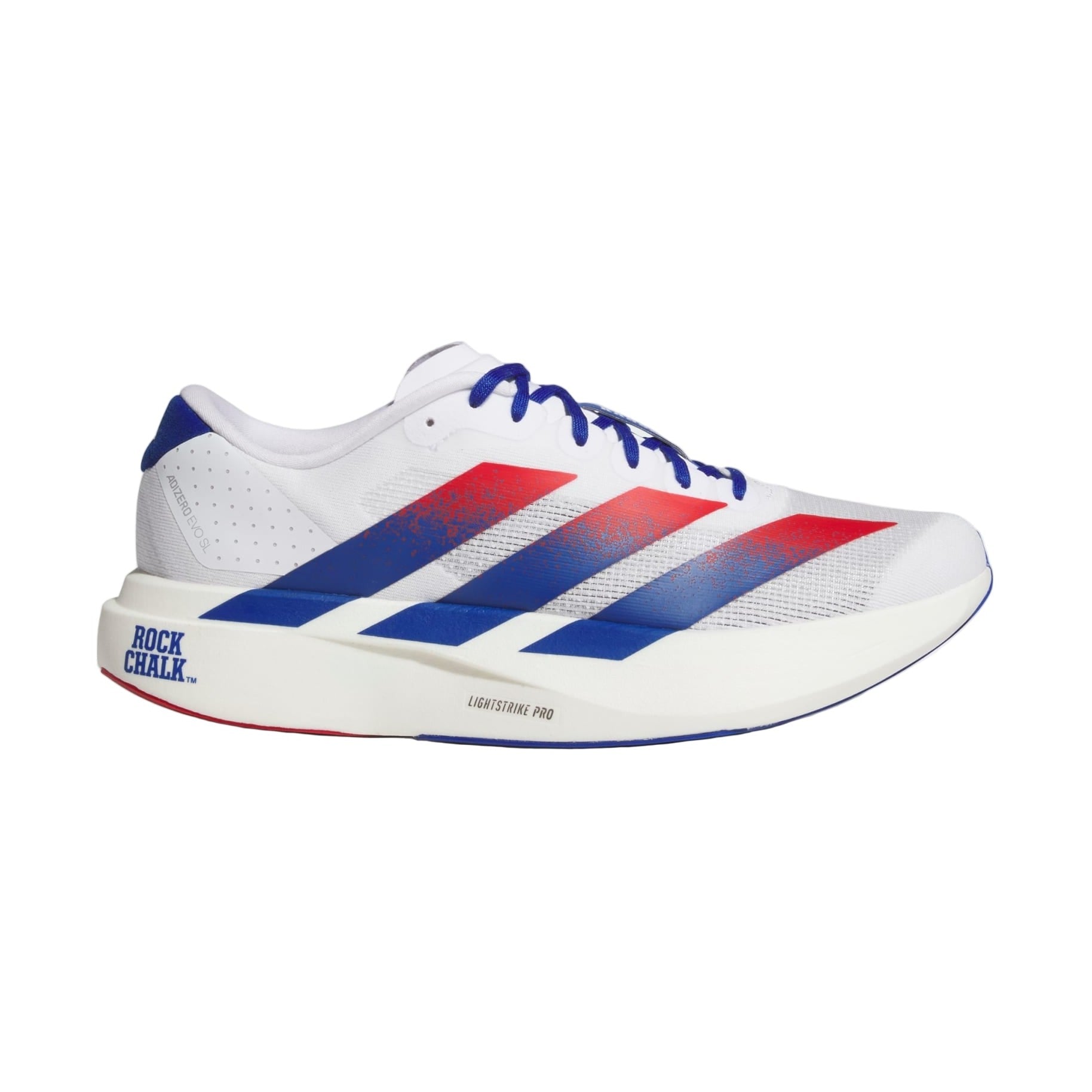 White running shoe with blue and red stripes on a white background