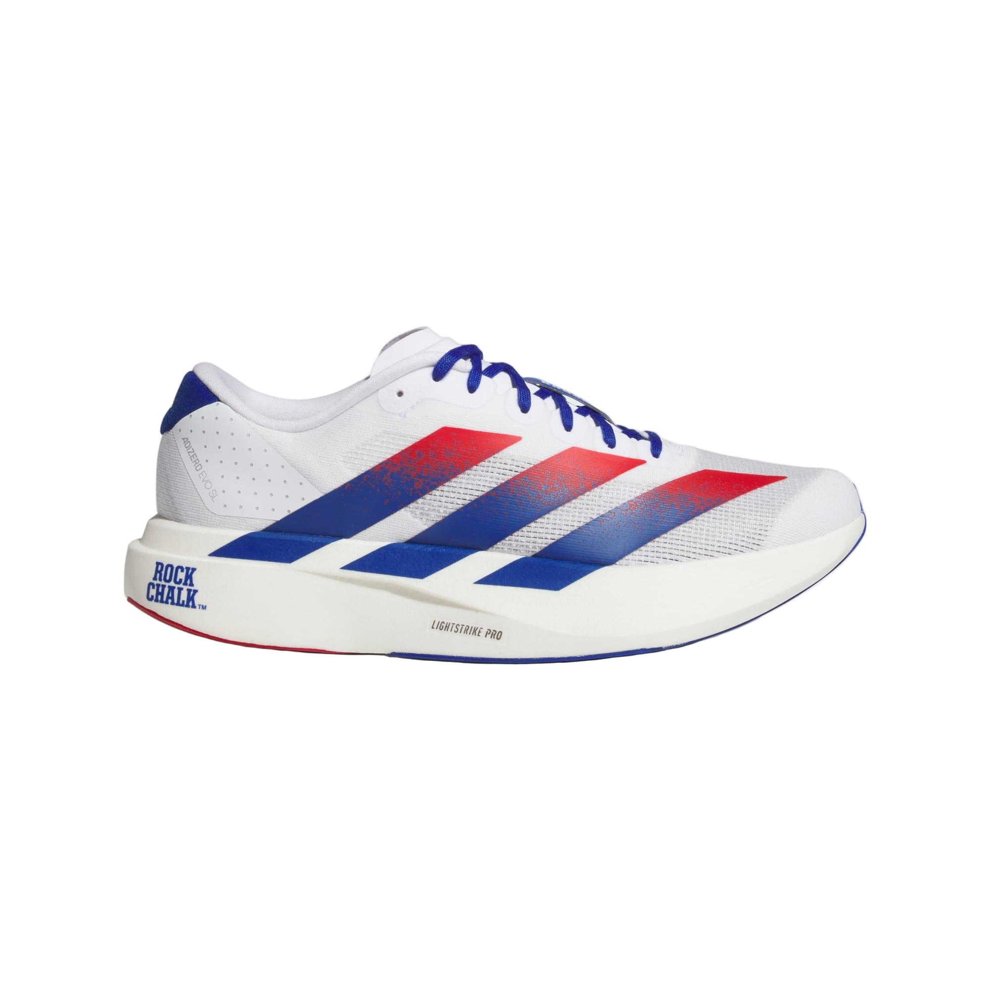 White running shoe with blue and red stripes on a white background