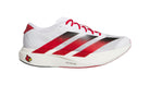 White and red athletic shoe with stripes on a white background