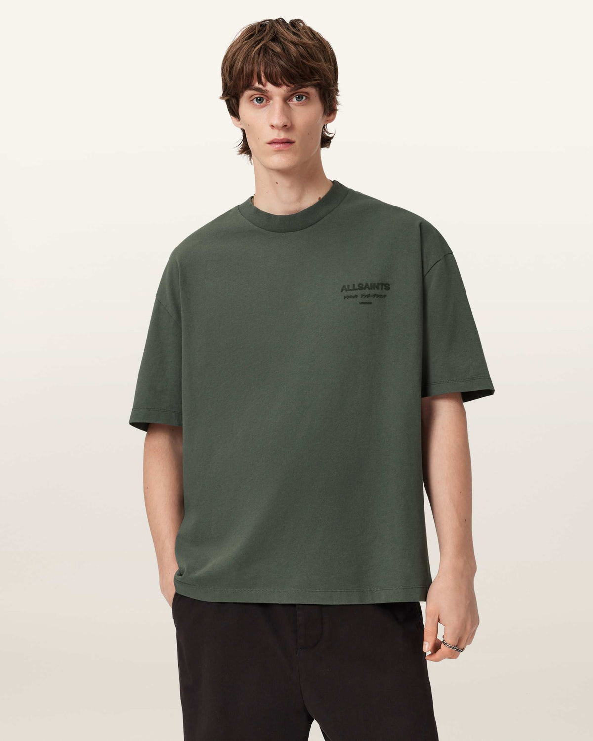 All Saints Xander Flocked Logo Oversized T-Shirt 'Garnet Green'