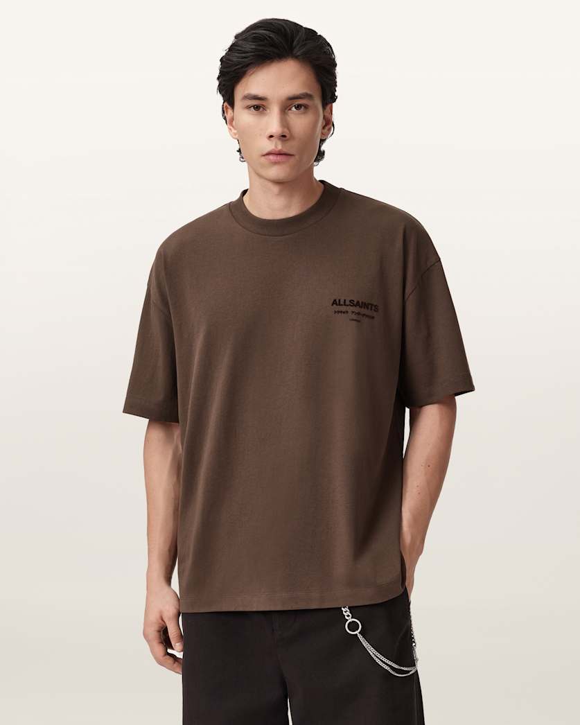AllSaints Xander Flocked Logo Oversized T-Shirt – Bitter Brown