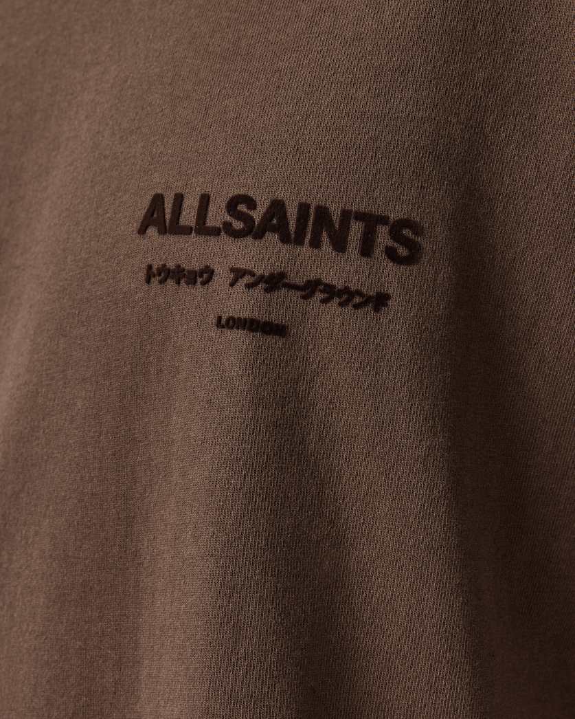 AllSaints Xander Flocked Logo Oversized T-Shirt – Bitter Brown