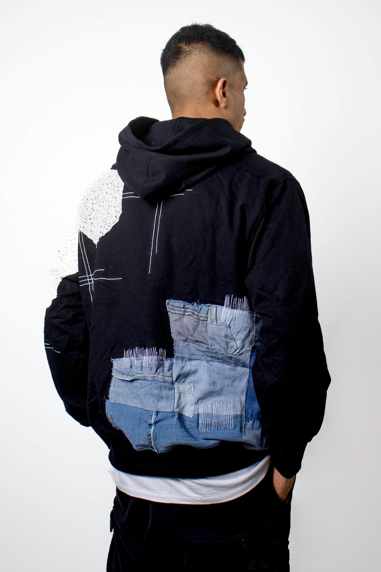 Black Patchwork Net Hoodie - dawntown