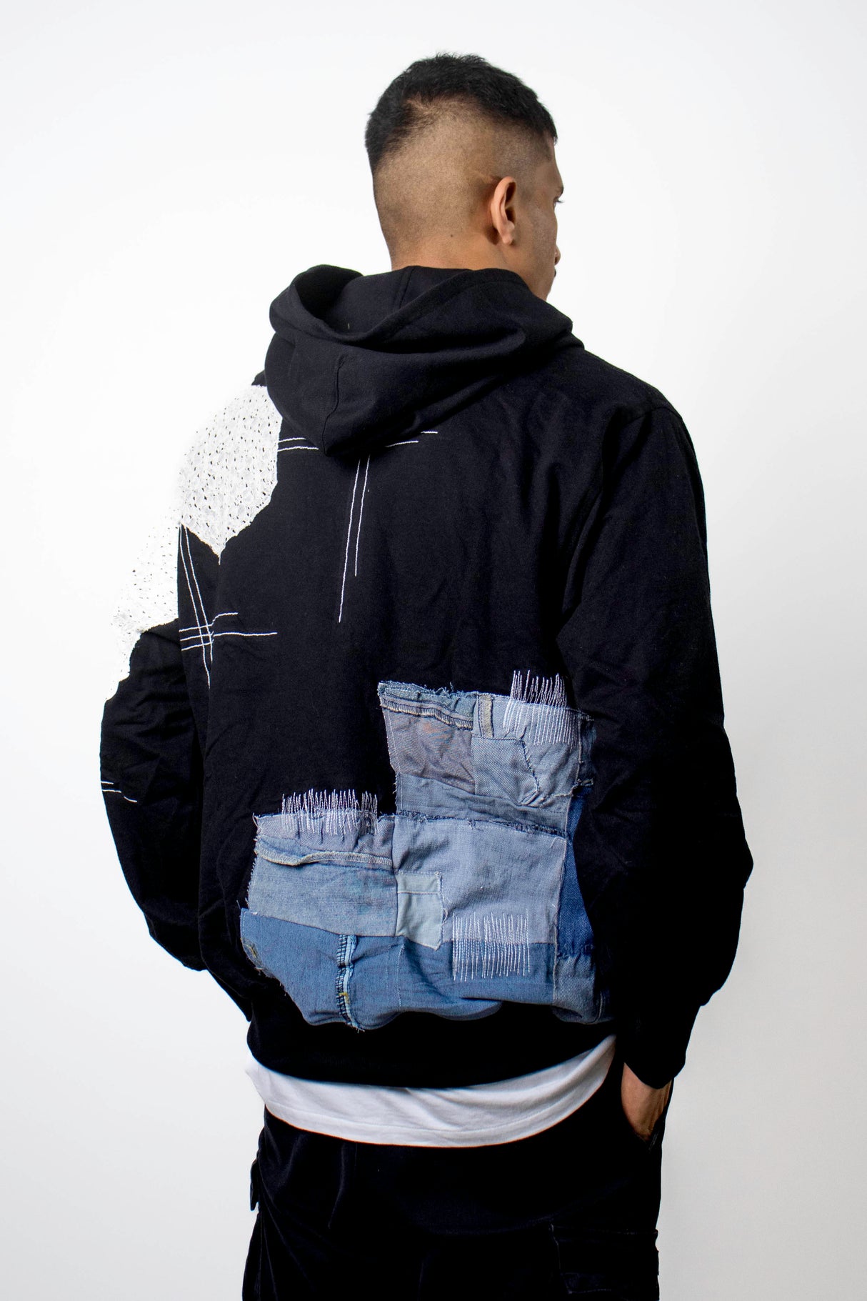 Black Patchwork Net Hoodie