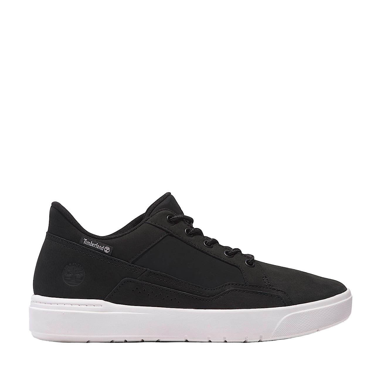 Black sneaker with white sole on a light gray background