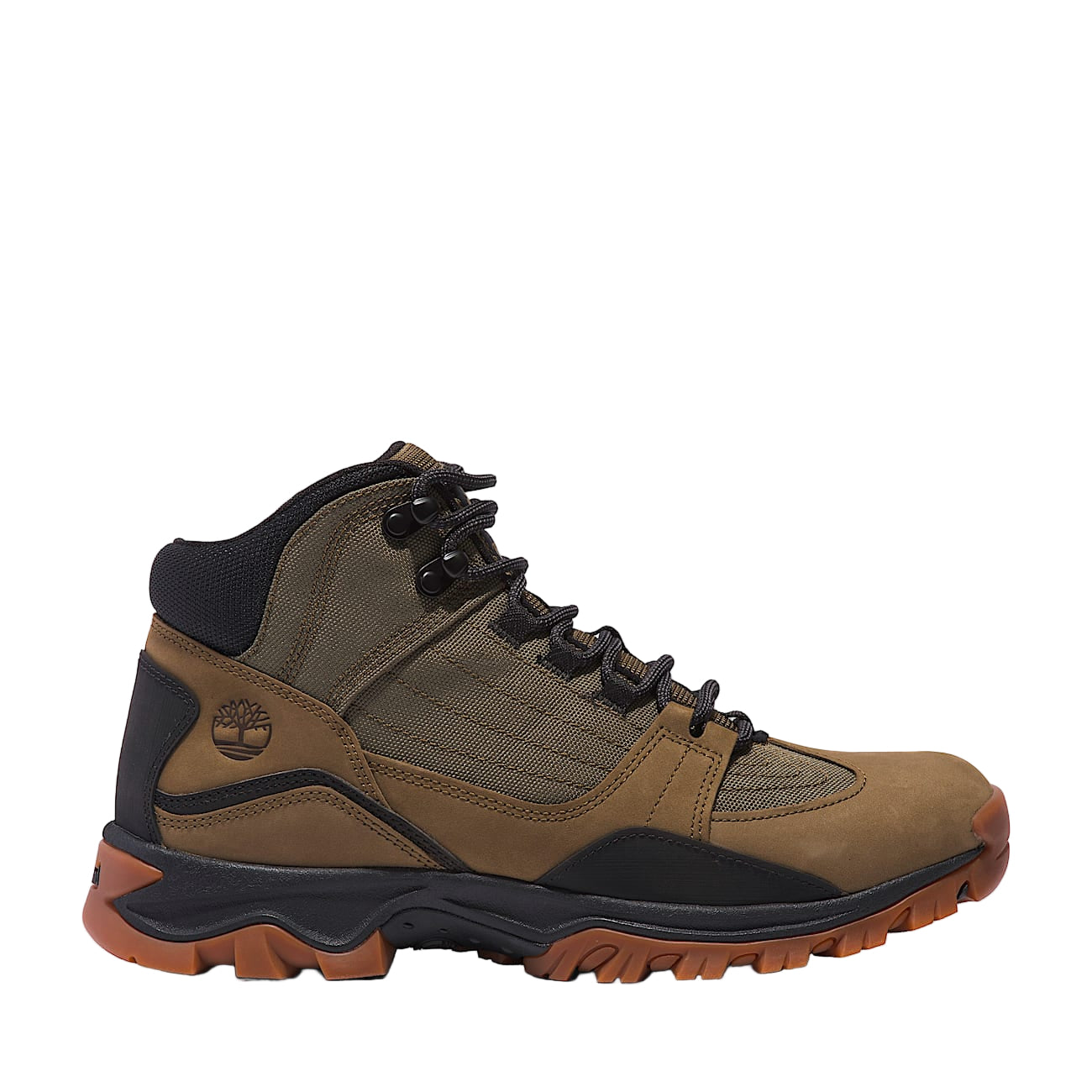 Brown hiking boot with black and orange accents on a white background