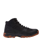 Black hiking boot with brown sole on a light gray background