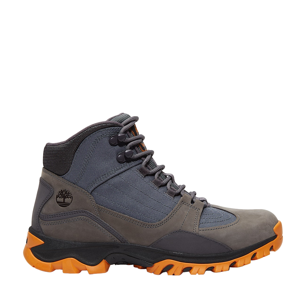 Gray and orange hiking boot with Timberland logo on a white background