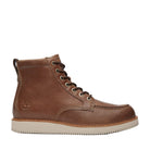 Brown leather boot with white sole on a light gray background