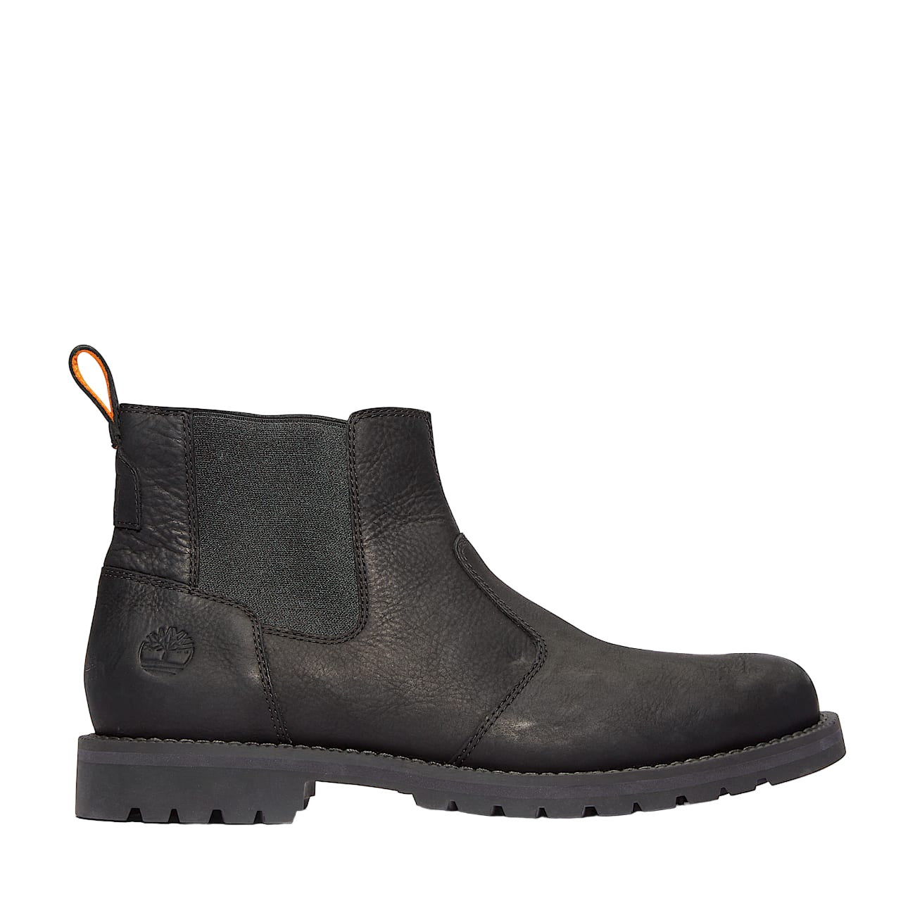 Black Chelsea boot on a light gray background