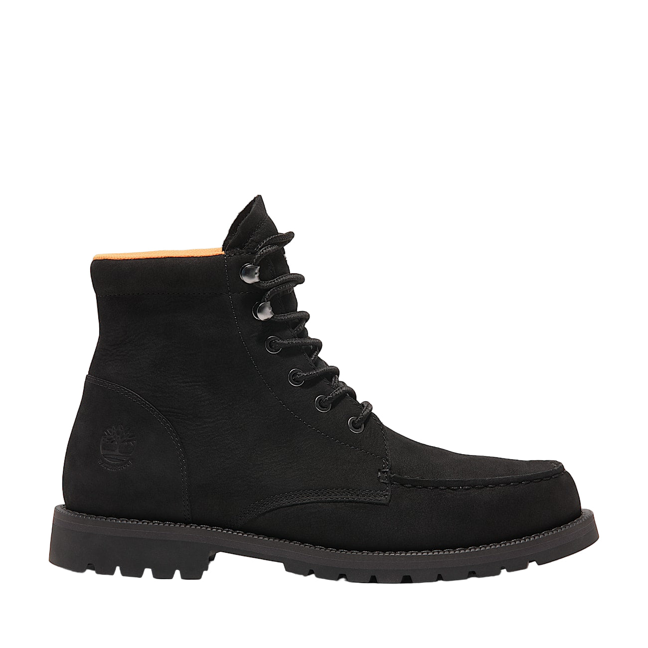 Black boot with orange lining on a light gray background