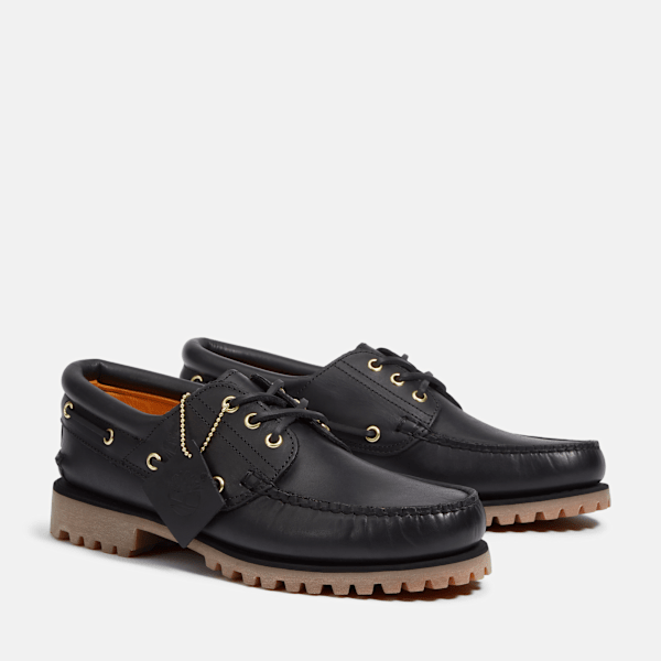 Timberland Authentic 3-Eye Lug Handsewn Boat Shoe Black Full-Grain