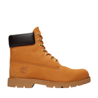Tan Timberland boot with black heel tab on a light gray background