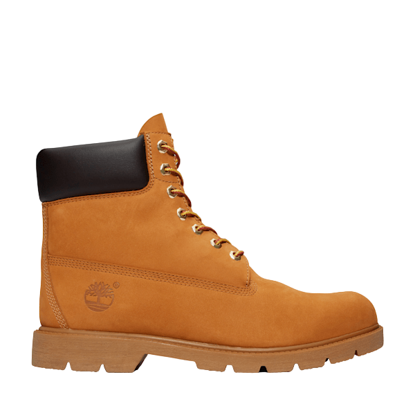 Tan Timberland boot with black heel tab on a light gray background