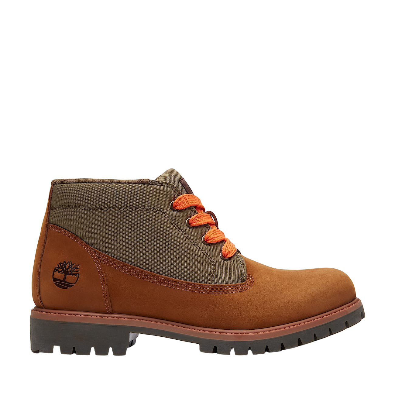 Brown and beige boot with orange laces on a white background