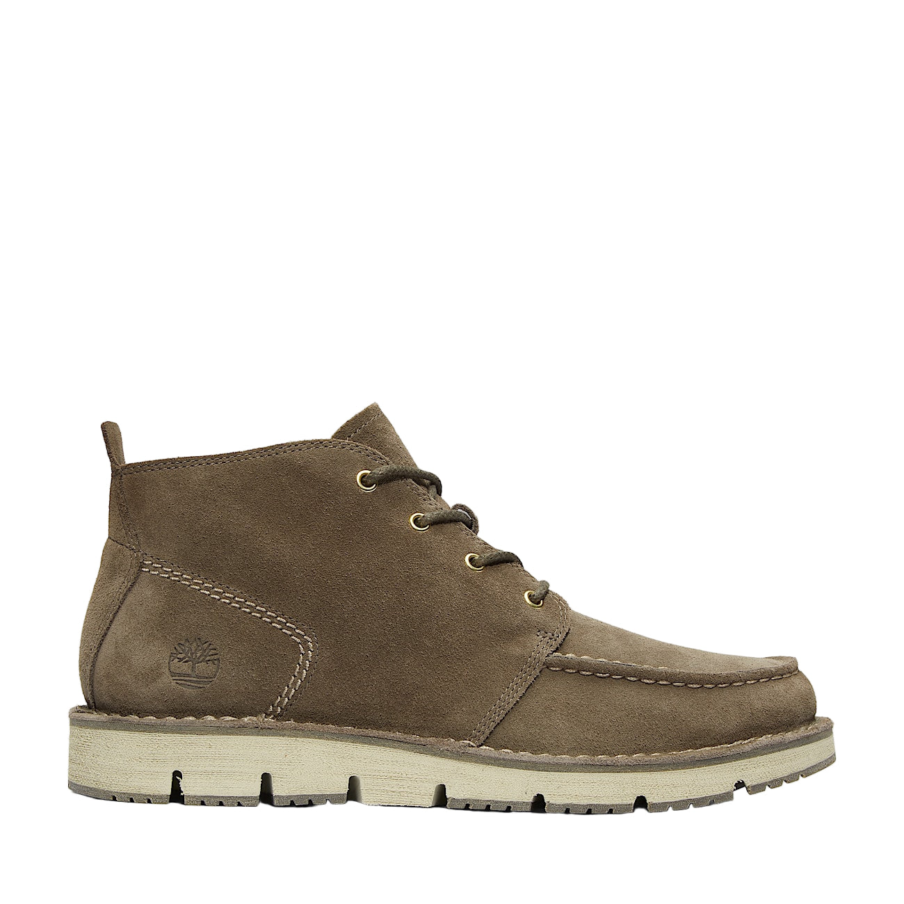Brown suede boot with brand logo on a white background