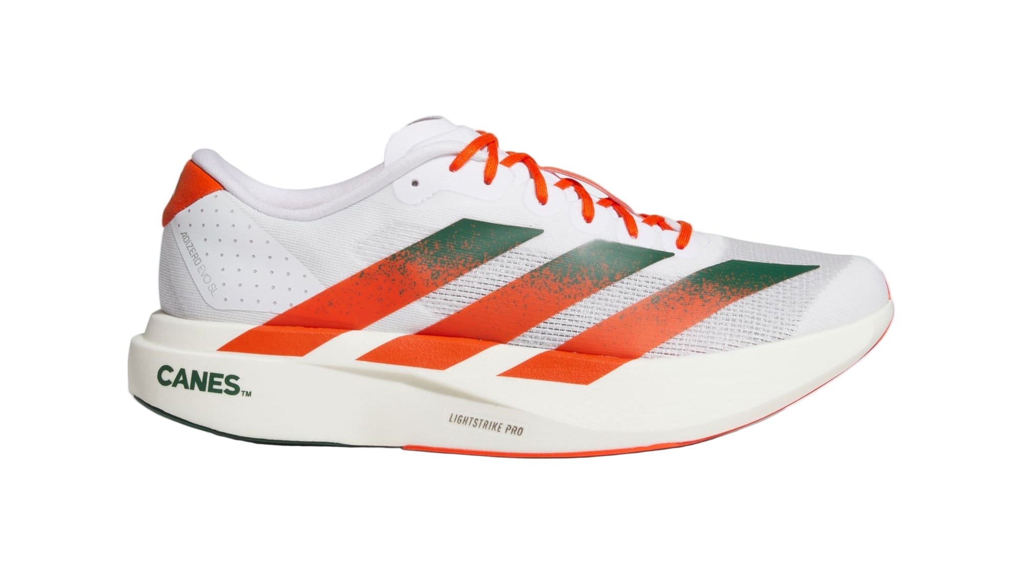 White running shoe with orange and green accents on a white background