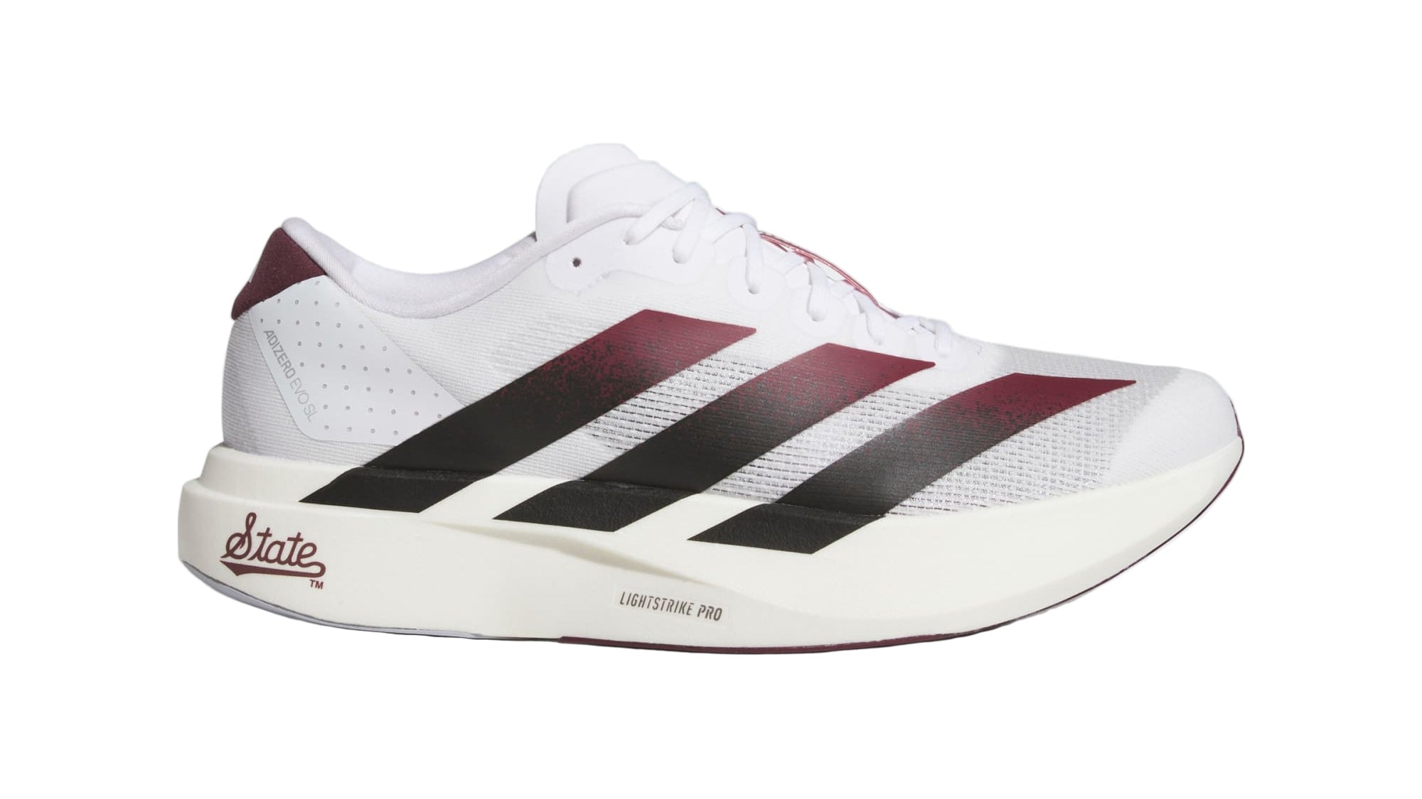 White running shoe with black and red stripes on a light gray background