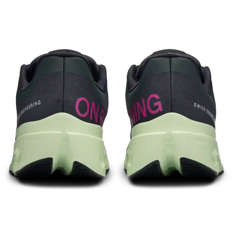 Rear view of black and lime running sneakers with bold pink ON RUNNING text, athletic style