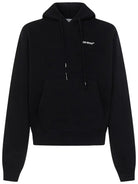 Black Off-White hoodie with front logo, drawstring hood, and kangaroo pocket, streetwear style
