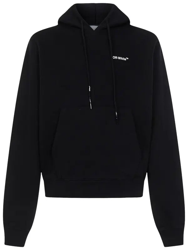 Black Off-White hoodie with front logo, drawstring hood, and kangaroo pocket, streetwear style