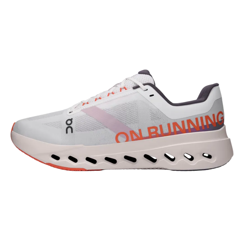 White and orange mesh running sneaker with ON RUNNING text, cushioned sole, and modern design