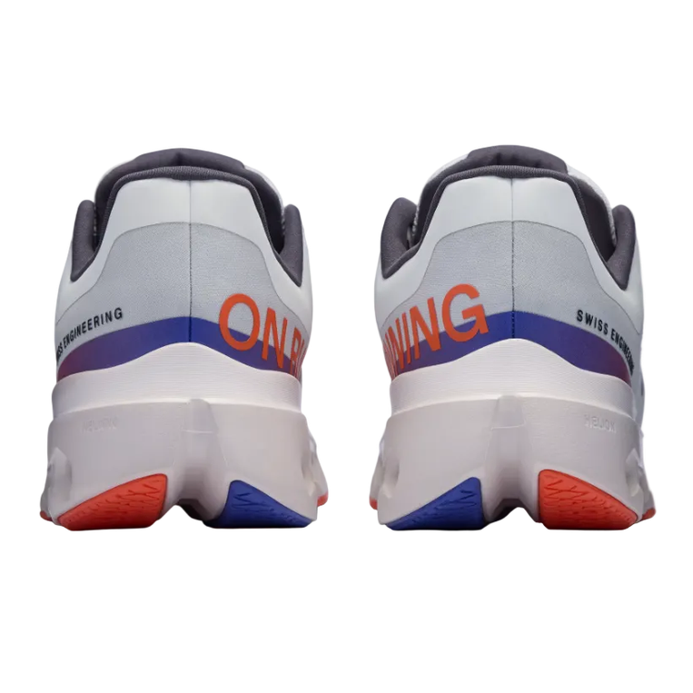 Rear view of white Cloudsurfer running sneakers with orange and purple accents