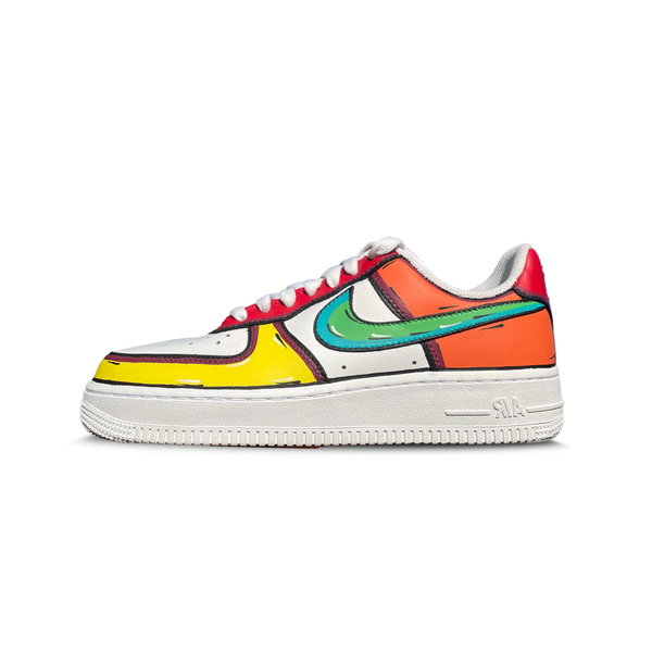 Colorful streetwear sneaker with cartoon-style design, featuring yellow, red, orange, and teal accents on a white sole.