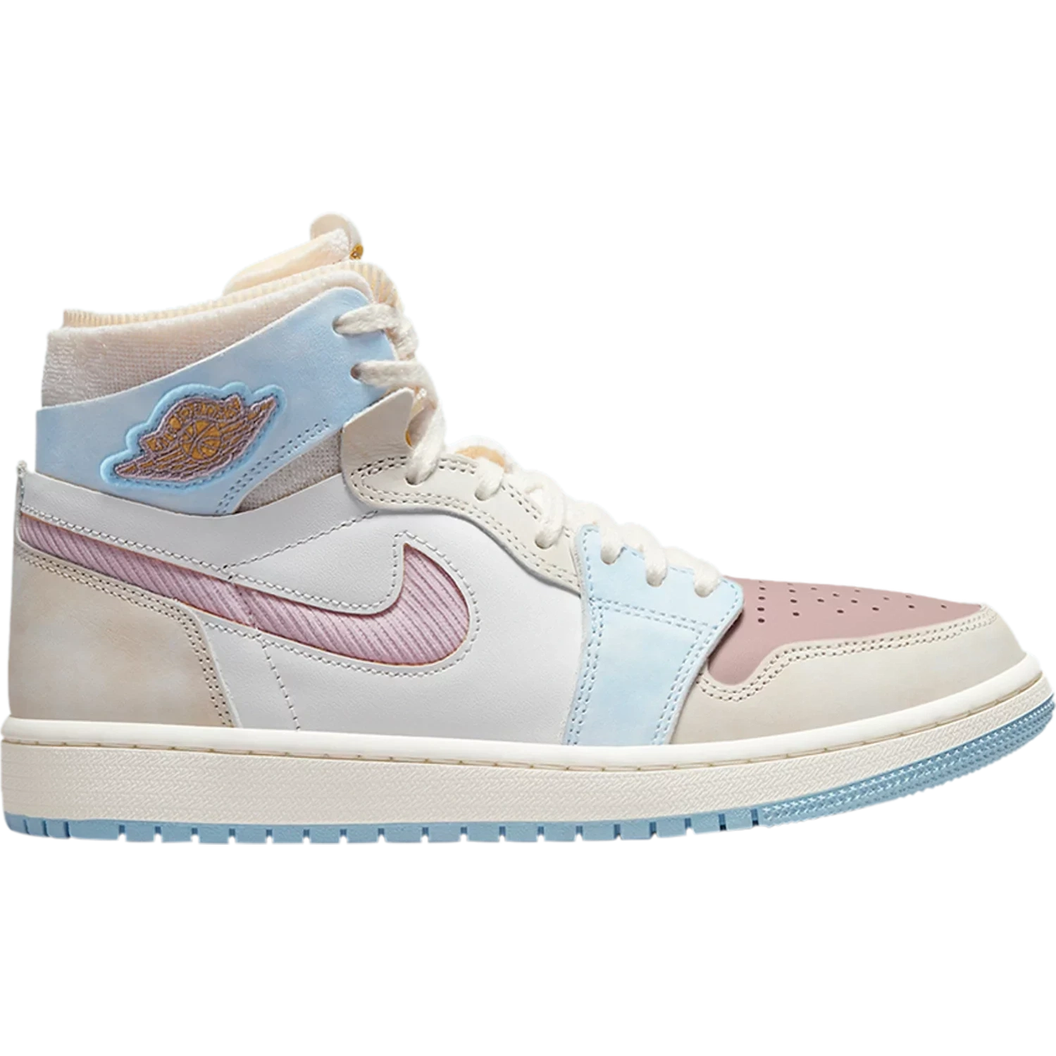 High-top sneaker with pastel pink, blue, and cream panels, leather upper, and textured sole