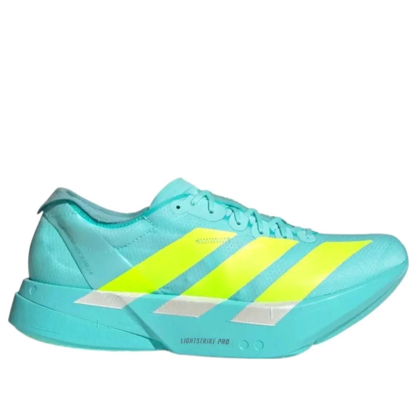 Turquoise athletic shoe with yellow stripes on a white background
